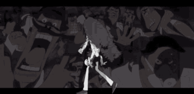 a cartoon drawing of a man standing in front of a crowd of people