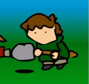 a cartoon boy is holding a shovel and digging a hole in the ground .
