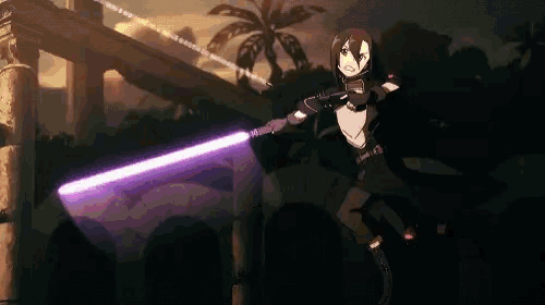 a person is holding a purple lightsaber in their hand