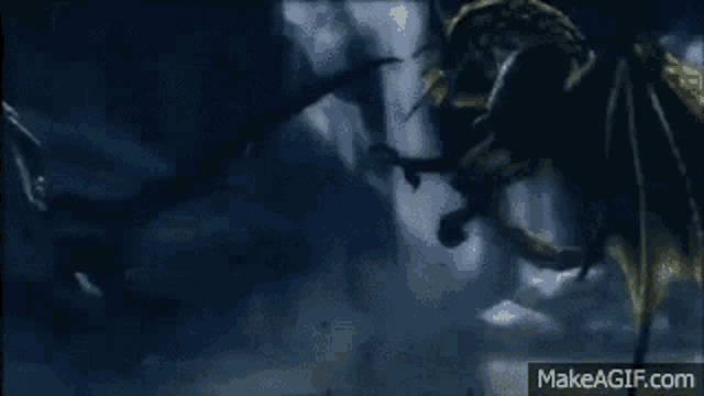 a dragon is flying through the air in a dark forest at night .