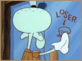 squidward from spongebob squarepants wipes a window with a cloth and says loser
