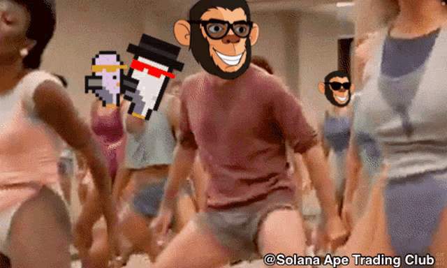 a group of people are dancing with a picture of a monkey and the words solana ape trading club in the corner