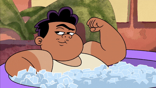 a cartoon character is flexing his muscles while laying in a tub of ice cubes