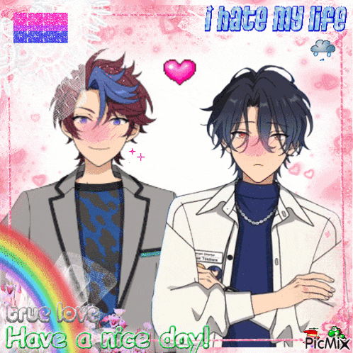 a picture of two anime characters with the words " true love have a nice day " below them