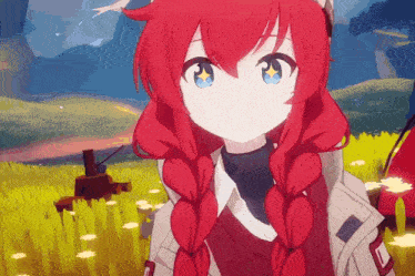 a girl with red hair and blue eyes is standing in a field of grass