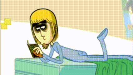 a cartoon character reading a book while laying on a bed