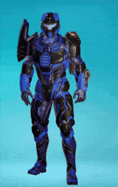 a blue and black futuristic soldier with a gun and shield