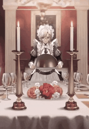 a maid is holding a cloche over a table