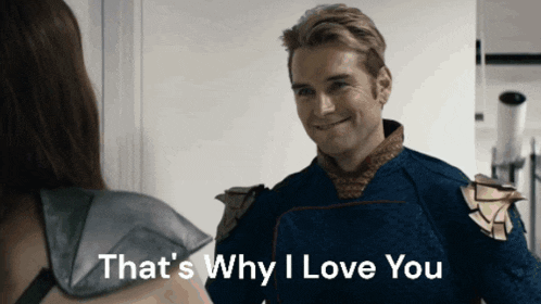 a man in a superhero costume says " that 's why i love you " to a woman