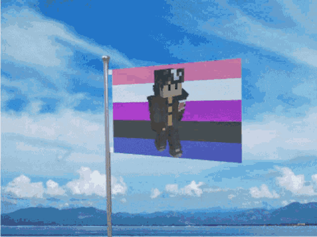 a flag with a picture of a person on it against a blue sky