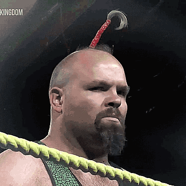 a bald man with a beard and a hook in his hair stands in a ring with the word kingdom on the bottom