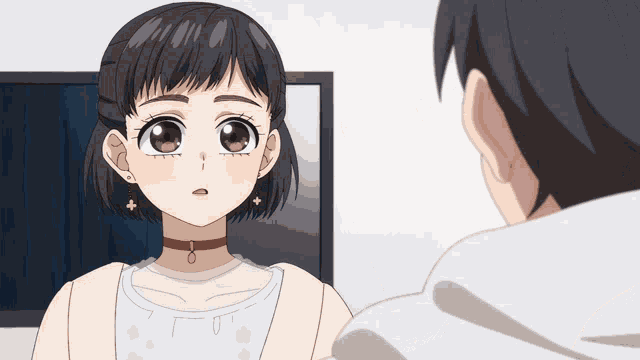 a girl with a red choker is looking at a man