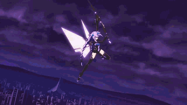 a cartoon character is flying through a purple lightning storm