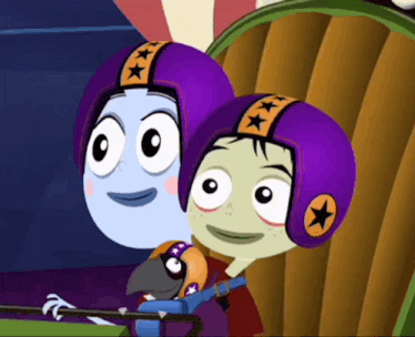 two cartoon characters wearing purple helmets with stars
