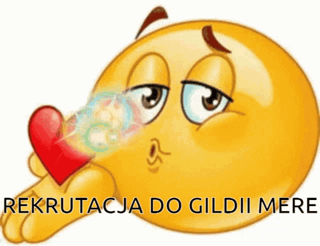 a yellow smiley face with a red heart and the words rekrutacja do gildii mere