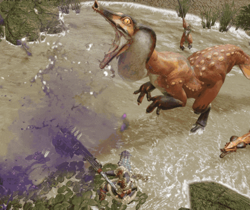 a dinosaur is swimming in a body of water with a purple substance coming out of its mouth
