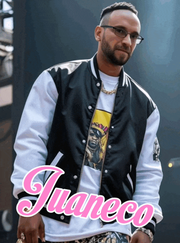 a man in a black and white jacket with the name juaneco