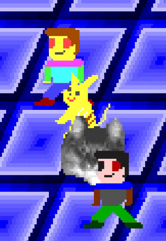a pixel art of a person walking with a cat and a star
