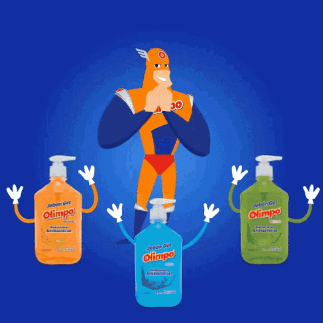 three bottles of olimpo hand sanitizer with a cartoon character