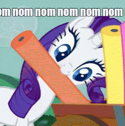 a cartoon of a pony with the words nom nom nom nom nom on it