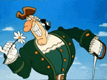 a cartoon character in a green coat is holding a flower and a sword