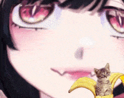 a kitten is sitting on a banana peel in front of a woman 's face