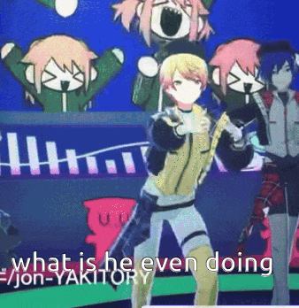 a group of anime characters are standing in front of a sign that says what is he even doing - jon-yakitory