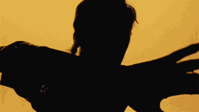 a silhouette of a person with their arms up in the air