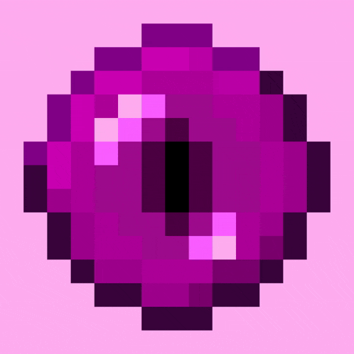 a pixel art of a purple donut with a hole in the middle on a pink background .
