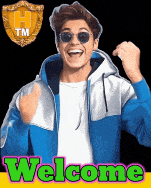 a man wearing sunglasses and a blue jacket is giving a thumbs up with the words welcome below him