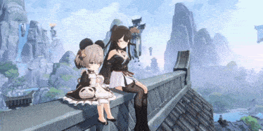 two anime girls are sitting on a ledge overlooking a mountain range