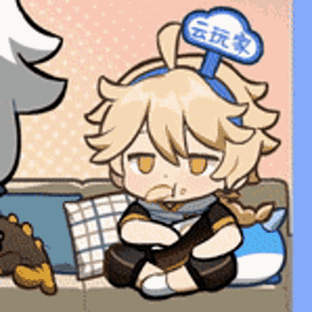 a cartoon character is sitting on a couch with a sign on his head that says `` cloud '' .