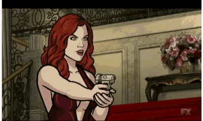 a woman in a red dress is holding a gun in front of a fx logo