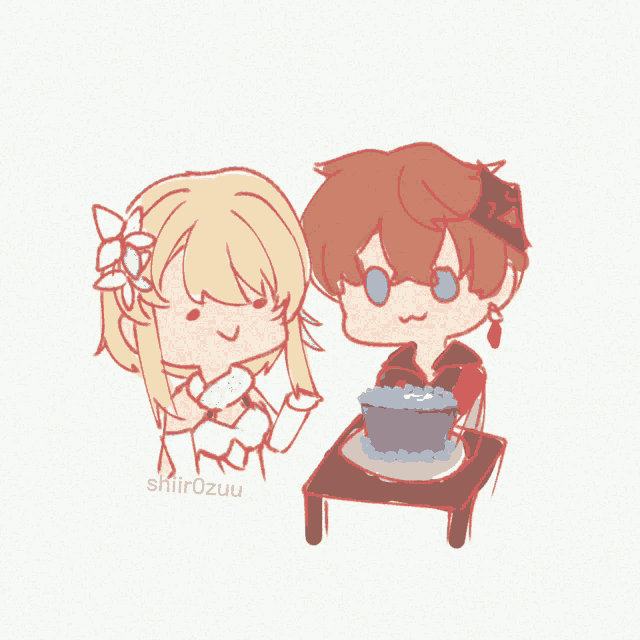 a drawing of a boy and a girl with shirozuu written on the bottom right