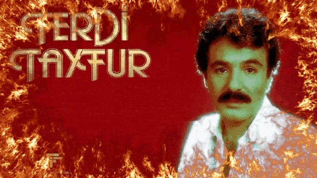a man with a mustache is surrounded by flames and the name ferdi taxtur