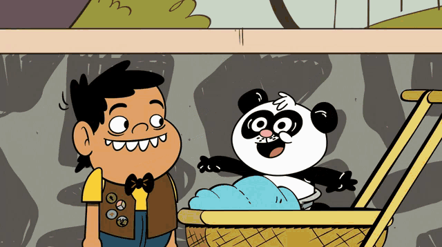 a cartoon of a boy standing next to a panda in a stroller