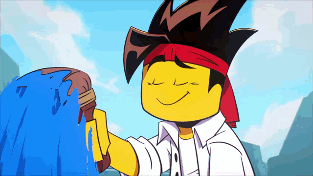 a cartoon drawing of a man with a red headband holding a blue object
