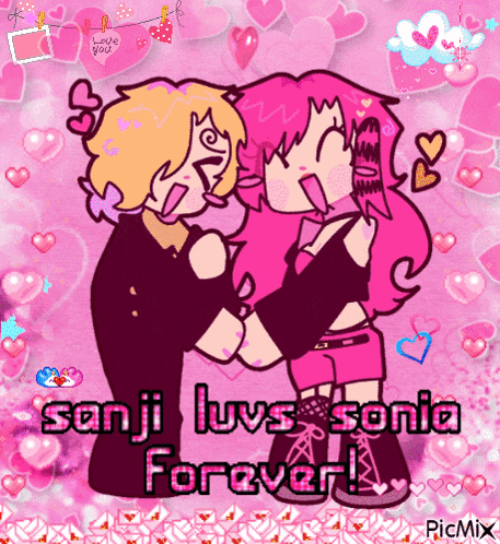 a cartoon of a boy and a girl kissing with the words " sanji luvs sonia forever "