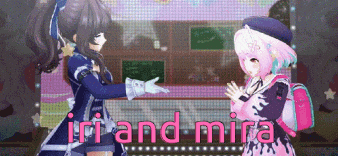 two anime girls are standing next to each other with the words " iri and mira " written on the bottom