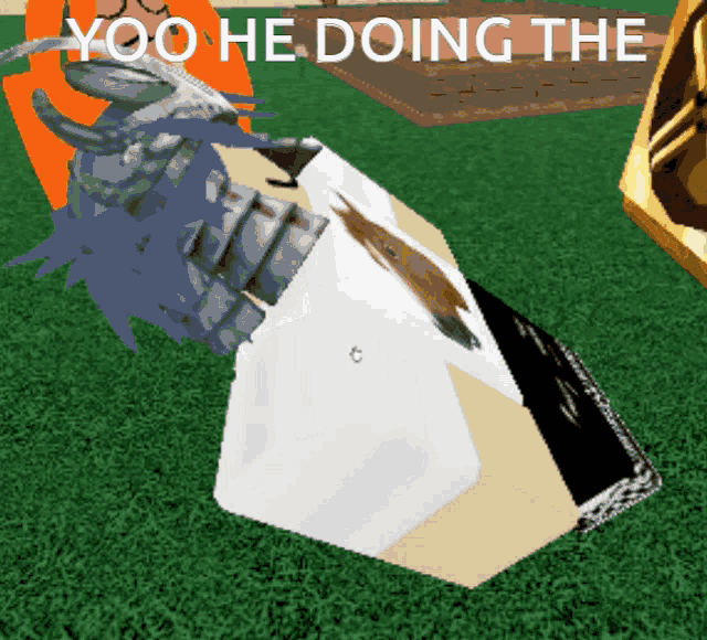 a cartoon character is laying on the grass with the words " yoo he doing the "