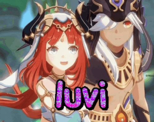 a girl with red hair is standing next to a man with white hair and the name luvi is written in pink letters