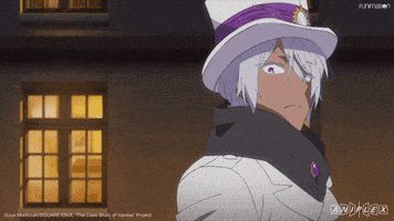 a man wearing a top hat is standing in front of a window with funimation written on the bottom