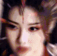 a close up of a woman 's face with a blurred background and a few dots on it .
