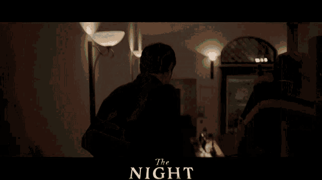 a poster for the movie the night shows a man standing in a dark room