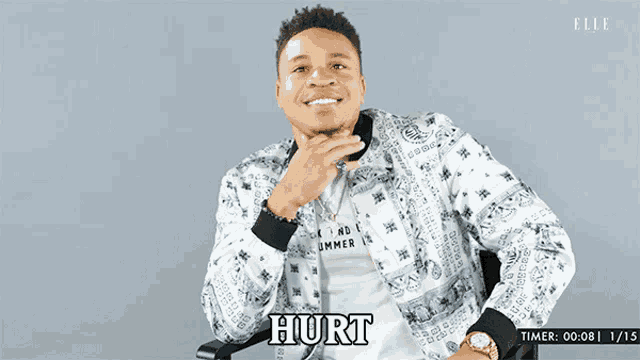 a man in a bandana jacket says hurt in a video