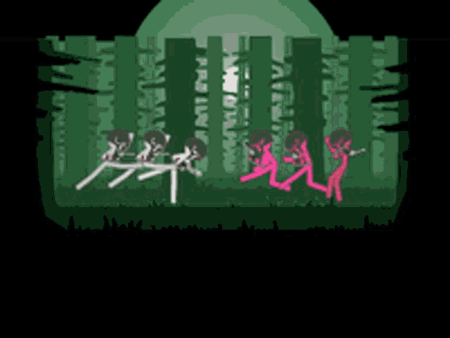 a group of stick figures standing in a forest