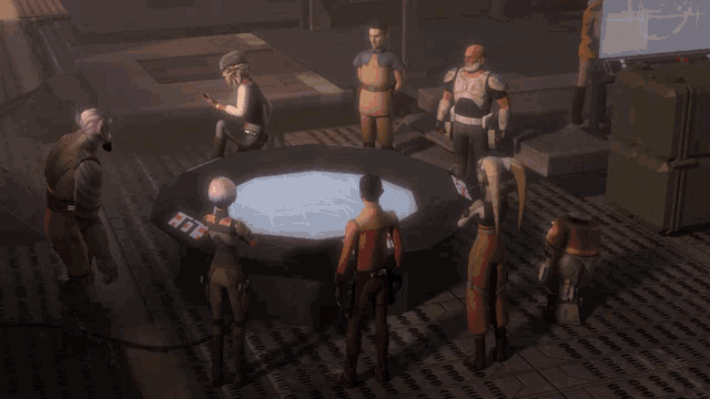 a group of people standing around a table with the words " on paying me for this intel "