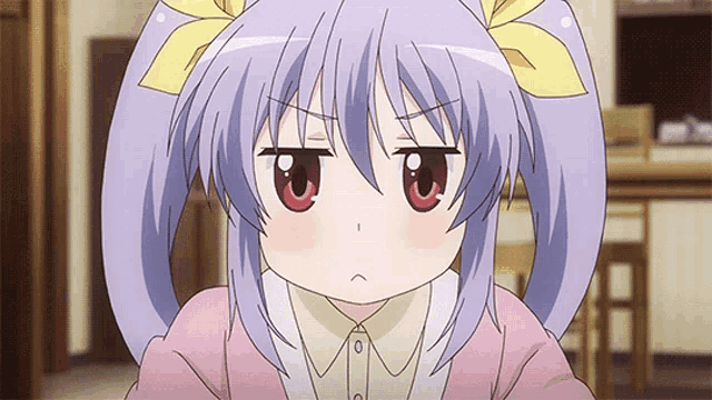 a girl with purple hair and a yellow bow on her hair looks angry