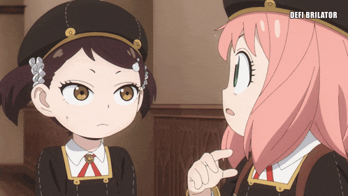 two anime girls are standing next to each other with the words " defi brillator " on the bottom right