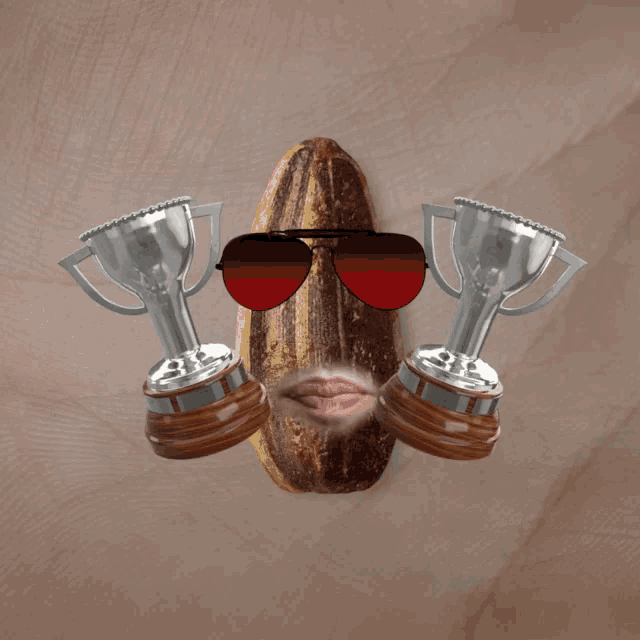 a banana wearing sunglasses and a pair of silver trophies